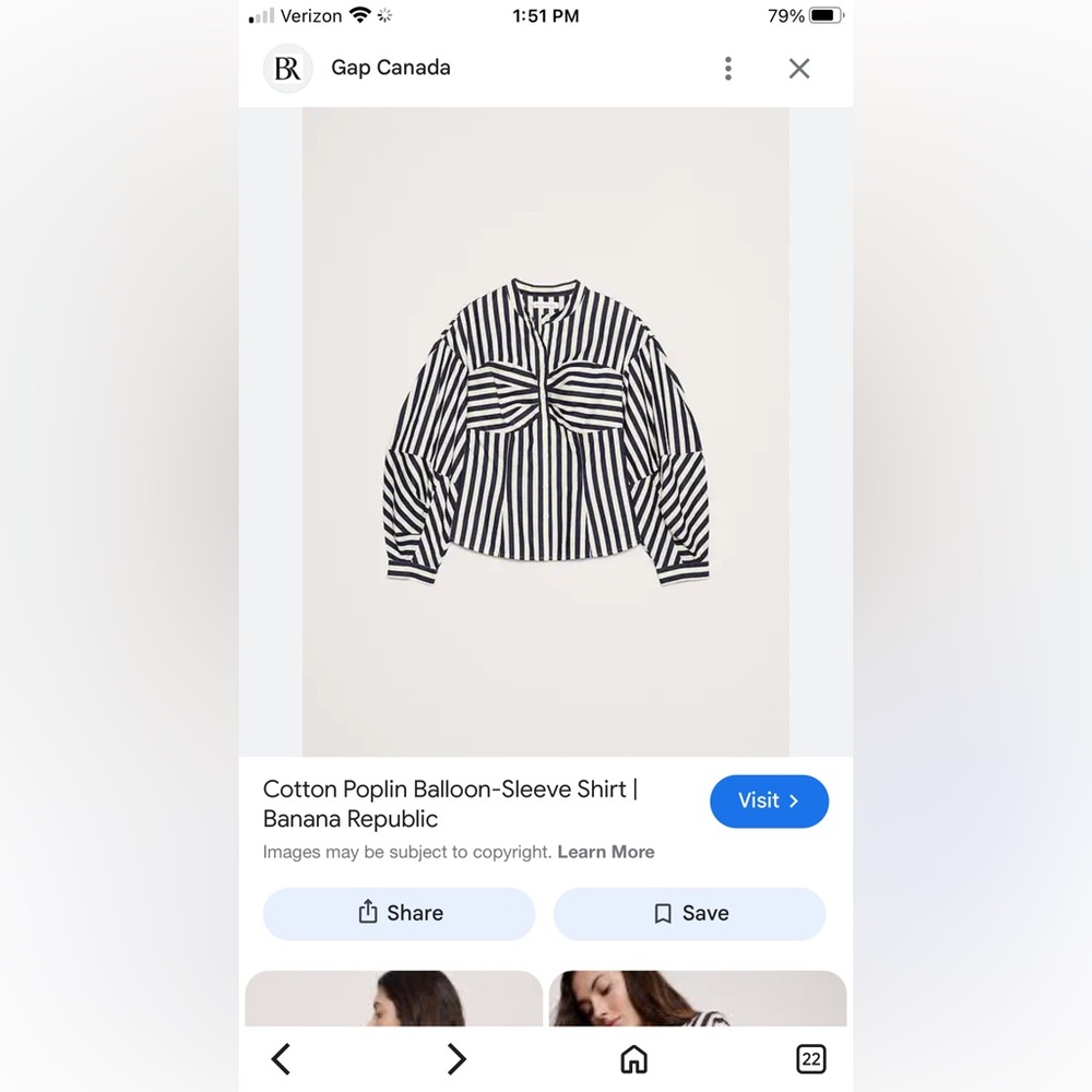 RARE. Banana Republic  Cotton Poplin Striped Balloon-Sleeve Shirt